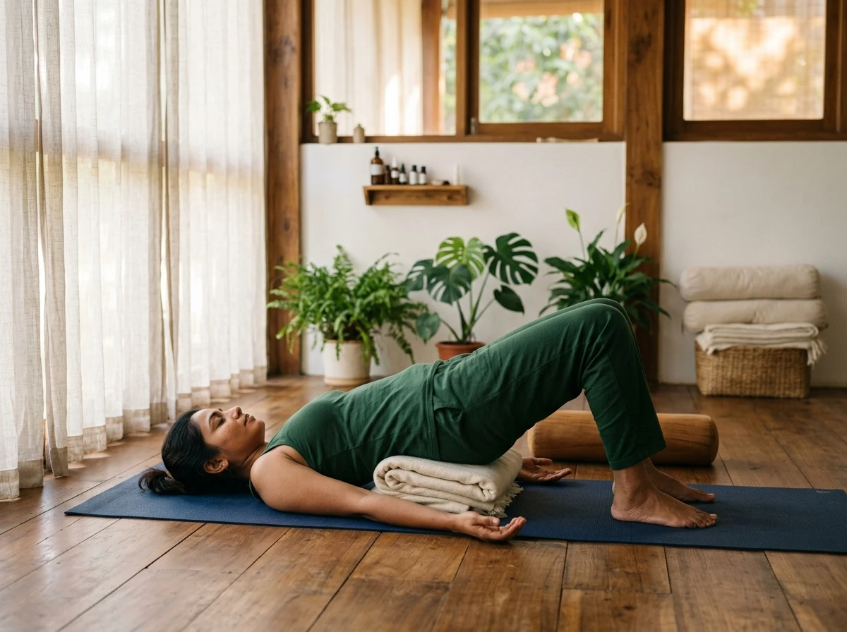 Therapeutic restorative yoga practice at Athmease Nature Cure Clinic